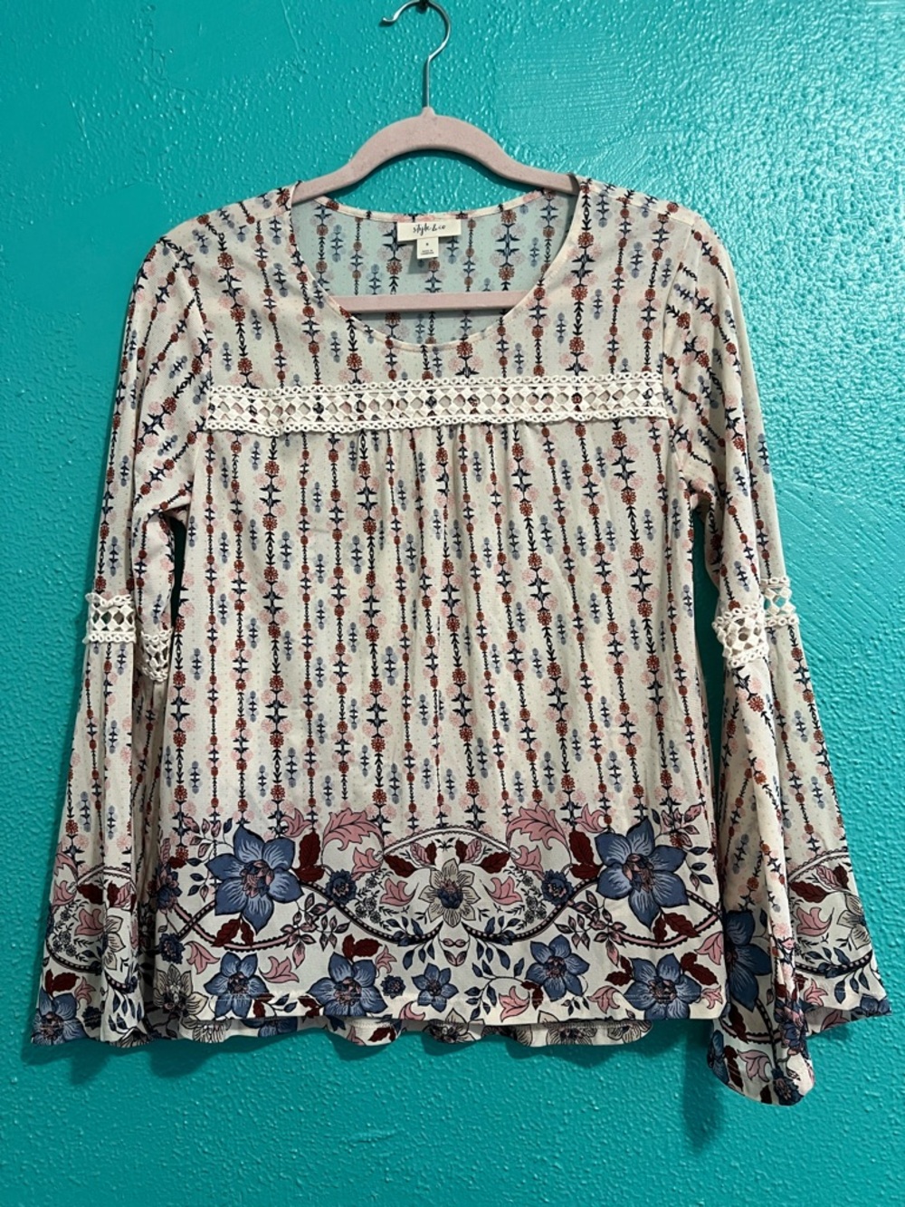Boho Floral Cream and Blue Long Sleeve Women's Top size s